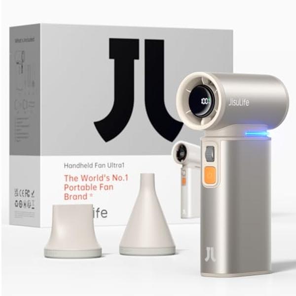 JISULIFE Portable Handheld Turbo Fan, 100 Speeds Adjustable Mini Personal Fan, 9000mAh USB Rechargeable Fan Battery Operated, LED Display, Metal Shell with Accessories Gifts for Me