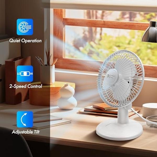 Comfort Zone 6-inch Mini Desk Fan with Fully Adjustable Tilt, Portable 2 Speed Tabletop Fan, Quiet Bedside or Office Fan with Stable Base, White