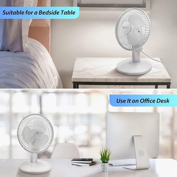 Comfort Zone 6-inch Mini Desk Fan with Fully Adjustable Tilt, Portable 2 Speed Tabletop Fan, Quiet Bedside or Office Fan with Stable Base, White