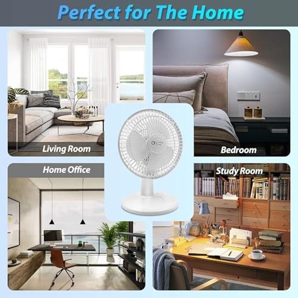 Comfort Zone 6-inch Mini Desk Fan with Fully Adjustable Tilt, Portable 2 Speed Tabletop Fan, Quiet Bedside or Office Fan with Stable Base, White