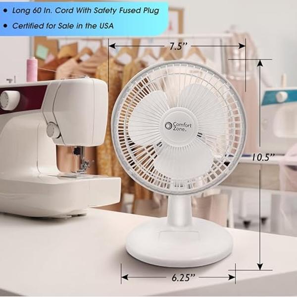 Comfort Zone 6-inch Mini Desk Fan with Fully Adjustable Tilt, Portable 2 Speed Tabletop Fan, Quiet Bedside or Office Fan with Stable Base, White