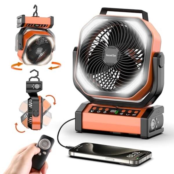 Socool Camping Fan with Light - 20000mAh Rechargeable Battery Fan, 112Hrs Max Run Time, 9 Speeds, Digital Display, Timer, Auto Oscillation, 270° Pivot & Hook for Camping, Power Out