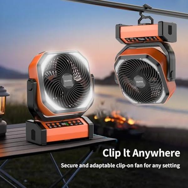 Socool Camping Fan with Light - 20000mAh Rechargeable Battery Fan, 112Hrs Max Run Time, 9 Speeds, Digital Display, Timer, Auto Oscillation, 270° Pivot & Hook for Camping, Power Out