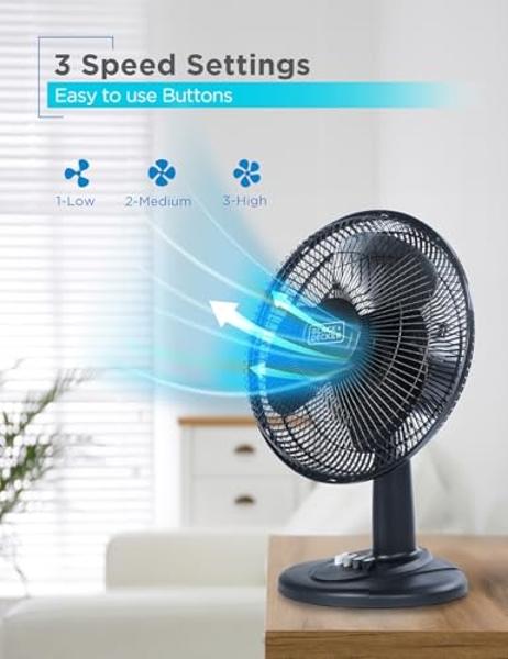 BLACK+DECKER Desk Fan for Home and Office, 12” Fan with 3 Speed Settings, Oscillating Portable Fan for Office Desk, Table Top and Kitchen Table with Adjustable Tilt, Black