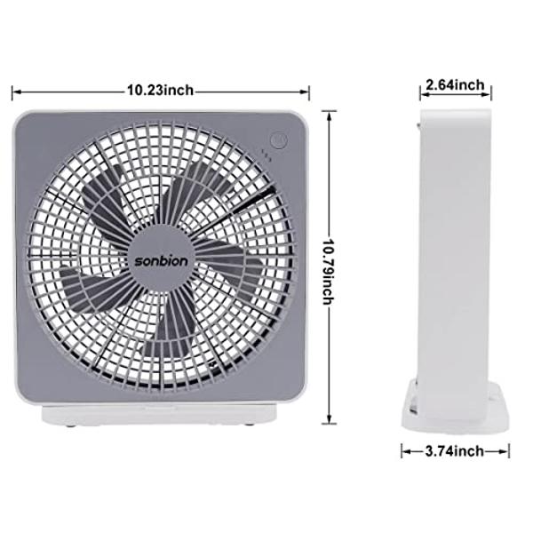 SONBION Small Box Fan, Three Speeds Window Fan 10 Inch DC Desk Fan with Plug-In DC Adapter, Strong Wind, Quiet Operation Work Table Cooling Fan for Home Bedroom Office Desk Outdoor