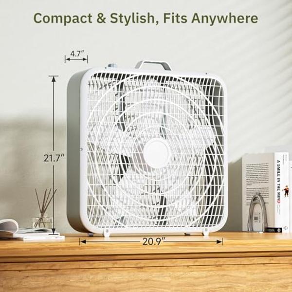 Simple Deluxe 20” Box Fan, 3-Speed Cooling Table Fan with Aerodynamic Shaped Fans Blades, Convenient Carry Handle and Safety Grills, White