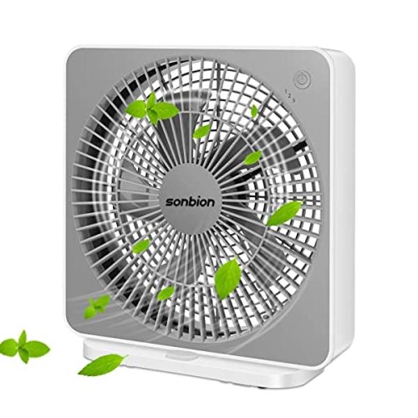 SONBION Small Box Fan, Three Speeds Window Fan 10 Inch DC Desk Fan with Plug-In DC Adapter, Strong Wind, Quiet Operation Work Table Cooling Fan for Home Bedroom Office Desk Outdoor
