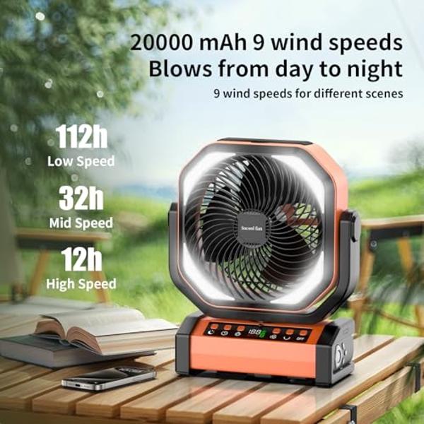 Socool Camping Fan with Light - 20000mAh Rechargeable Battery Fan, 112Hrs Max Run Time, 9 Speeds, Digital Display, Timer, Auto Oscillation, 270° Pivot & Hook for Camping, Power Out