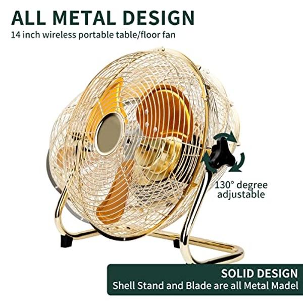 CYBERDAX 14 Inch Portable Golden All Metal Made Table Fan, Rechargeable Fan with Solar Panel Powered and AC Charger Dual Input for Indoor Housing, Office, Camping, Fishing Outdoors