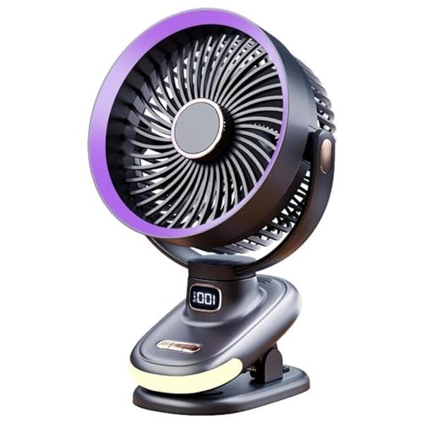 Portable Clip on Fan, Battery Operated Small Powerful USB Desk Fan with Night Light & LED Display Screen, Mini Table Fan, 360° Rotate Personal Fan for Home Office Stroller Camping 