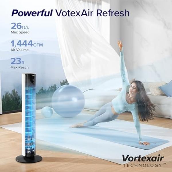 LEVOIT Smart 42 inch Tower Fan for Bedroom, DC motor, Oscillating with Quiet 26ft/s Velocity, 25dB Bladeless Floor Fan for Home Space, 12 Speeds, 4 Modes, 24H Timer with APP, Works