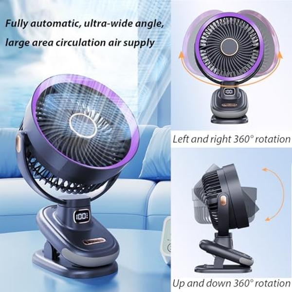 Portable Clip on Fan, Battery Operated Small Powerful USB Desk Fan with Night Light & LED Display Screen, Mini Table Fan, 360° Rotate Personal Fan for Home Office Stroller Camping 