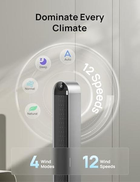 Dreo Tower Fan for Bedroom, 42 Inch 120° Oscillating Fan, 25dB Quiet DC Motor, 28ft/s Velocity Bladeless Standing Fan with 12 Speeds, 4 Modes, 12H Timer Cooling Fans for Home, Livi