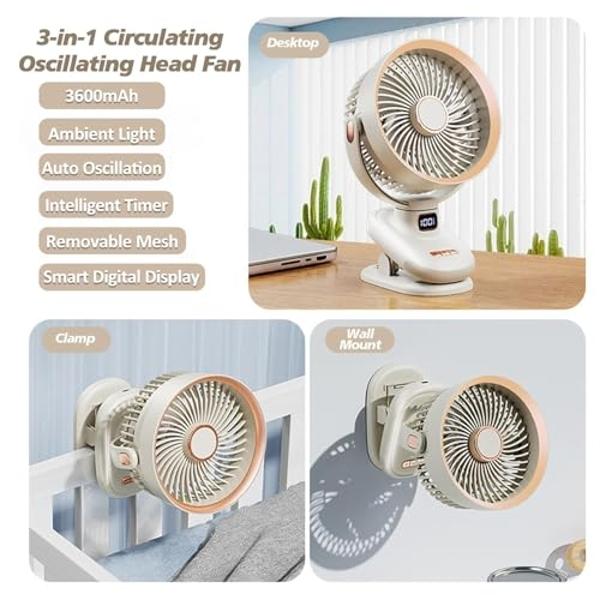 Portable Clip on Fan, Battery Operated Small Powerful USB Desk Fan with Night Light & LED Display Screen, Mini Table Fan, 360° Rotate Personal Fan for Home Office Stroller Camping 