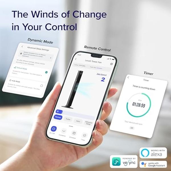 LEVOIT Smart 42 inch Tower Fan for Bedroom, DC motor, Oscillating with Quiet 26ft/s Velocity, 25dB Bladeless Floor Fan for Home Space, 12 Speeds, 4 Modes, 24H Timer with APP, Works