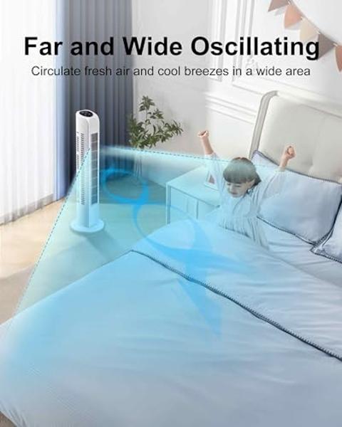 Uthfy Oscillating Bladeless Tower Fan with Remote, Quiet Cooling Portable, Electric Standing Floor Fan with 3 Wind Speeds 3 Modes for Bedroom,Indoor,Office and Home Use, 30", White