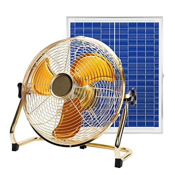 CYBERDAX 14 Inch Portable Golden All Metal Made Table Fan, Rechargeable Fan with Solar Panel Powered and AC Charger Dual Input for Indoor Housing, Office, Camping, Fishing Outdoors
