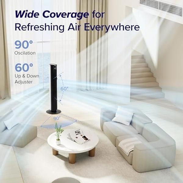 LEVOIT Smart 42 inch Tower Fan for Bedroom, DC motor, Oscillating with Quiet 26ft/s Velocity, 25dB Bladeless Floor Fan for Home Space, 12 Speeds, 4 Modes, 24H Timer with APP, Works