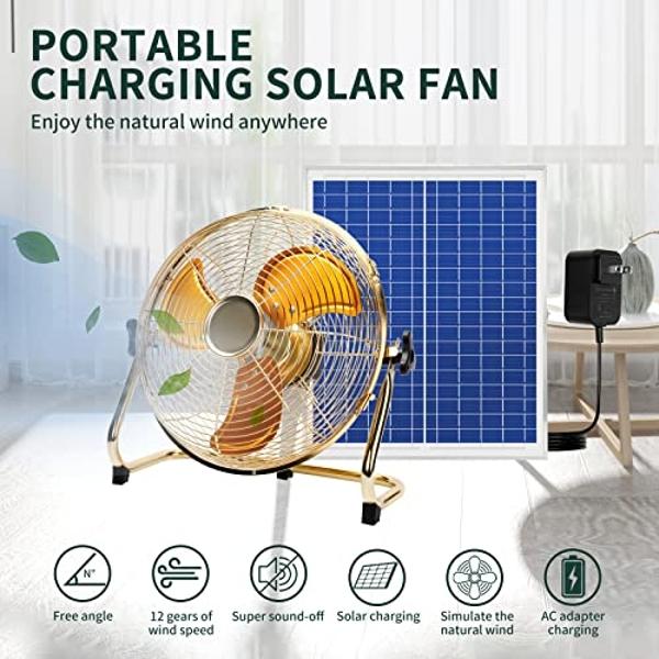 CYBERDAX 14 Inch Portable Golden All Metal Made Table Fan, Rechargeable Fan with Solar Panel Powered and AC Charger Dual Input for Indoor Housing, Office, Camping, Fishing Outdoors