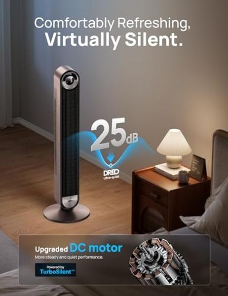 Dreo Tower Fan for Bedroom, 90° Oscillating Standing Floor Fan with 28ft/s Velocity, 25dB Quiet for Sleep, DC Motor, 9 Speeds, 4 Modes, 12H Timer, Voice & APP & Remote Control, 42"
