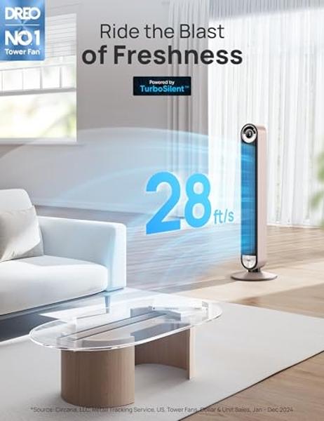 Dreo Tower Fan for Bedroom, 90° Oscillating Standing Floor Fan with 28ft/s Velocity, 25dB Quiet for Sleep, DC Motor, 9 Speeds, 4 Modes, 12H Timer, Voice & APP & Remote Control, 42"