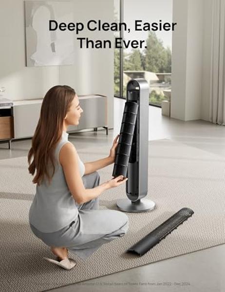 Dreo Tower Fan for Bedroom, 42 Inch 120° Oscillating Fan, 25dB Quiet DC Motor, 28ft/s Velocity Bladeless Standing Fan with 12 Speeds, 4 Modes, 12H Timer Cooling Fans for Home, Livi