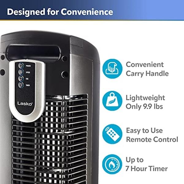 Lasko Oscillating Tower Fan with Remote Control, 3 Quiet Speeds, Timer for Bedroom, Kitchen, Office Use, Black, 36" 2511