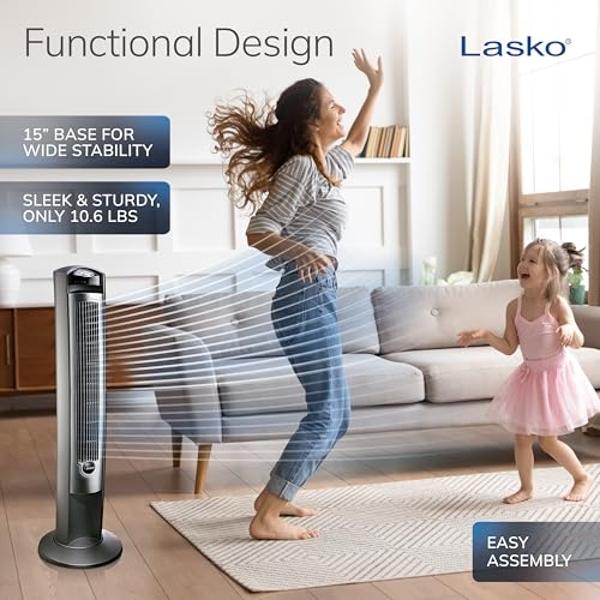 Lasko Oscillating Tower Fan with Remote, Quiet Floor Fans for Bedroom, 42", Silver T42951