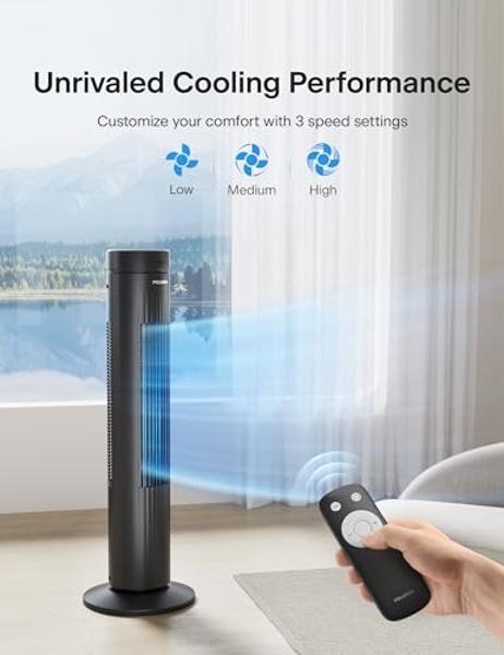 Pelonis 30-Inch Oscillating Tower Fan for Bedroom – 3 Speed, 37dB Quiet Tower Fan with Remote Control and 7-Hour Timer – ETL Certified, Black