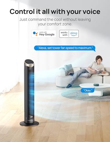 Dreo Tower Fan for Bedroom, 42 Inch 120° Oscillating Fan, 25dB Quiet DC Motor, 28ft/s Velocity Bladeless Standing Fan with 12 Speeds, 4 Modes, 12H Timer Cooling Fans for Home, Livi