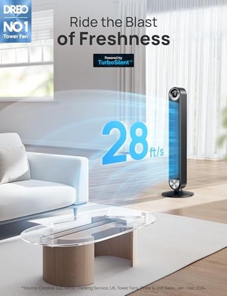 LEVOIT Smart 42 inch Tower Fan for Bedroom, DC motor, Oscillating with Quiet 26ft/s Velocity, 25dB Bladeless Floor Fan for Home Space, 12 Speeds, 4 Modes, 24H Timer with APP, Works