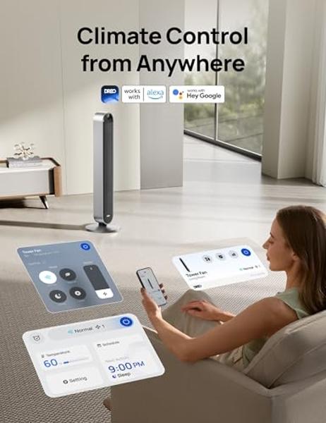 Dreo Tower Fan for Bedroom, 42 Inch 120° Oscillating Fan, 25dB Quiet DC Motor, 28ft/s Velocity Bladeless Standing Fan with 12 Speeds, 4 Modes, 12H Timer Cooling Fans for Home, Livi