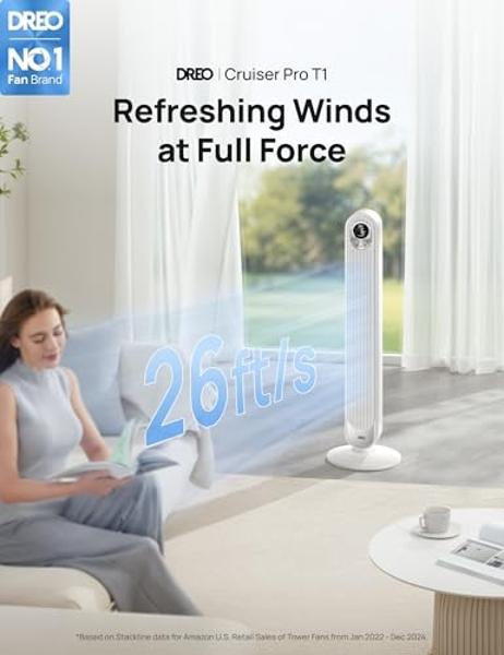 Dreo Tower Fan for Bedroom, 90° Oscillating Standing Fan, 30ft, 28dB Quiet for Sleep, 6 Speeds, 4 Modes, 12H Timer, 42 Inch, Bladeless, Remote, for Home, Office, Room, Cruiser Pro 