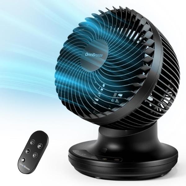 OmniBreeze 6 Inch Black Table Fan for Bedroom, Desk Air Circulator Fan with Remote, 85° Vertical+60° Automatic Oscillating Fan, 5 Speeds, 7H Timer, LED Display