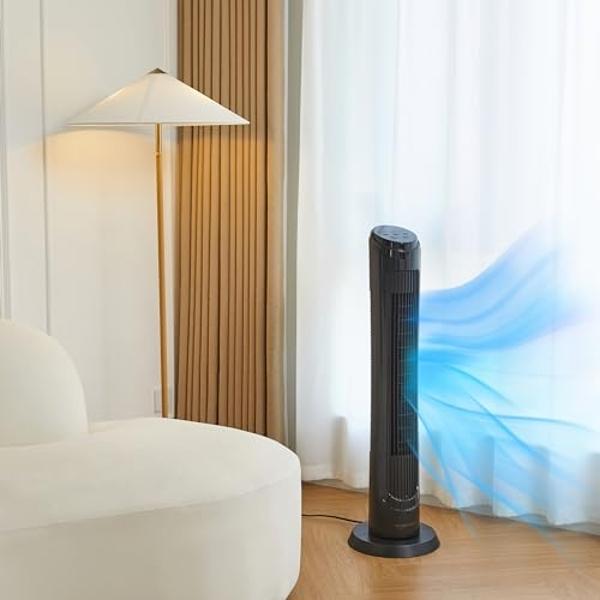 Amazon Basics 40" 70-Degree Oscillating Digital Tower Fan for Bedroom, Living Room, Office, With 4 Speeds, 3 Modes (Standard, Breeze, Nature), Timer Up to 15 Hours, Remote Control,