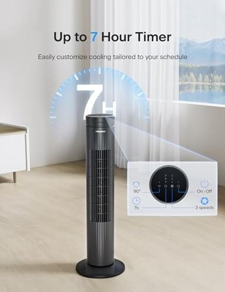 Pelonis 30-Inch Oscillating Tower Fan for Bedroom – 3 Speed, 37dB Quiet Tower Fan with Remote Control and 7-Hour Timer – ETL Certified, Black