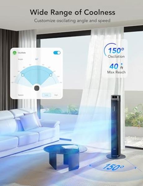PELONIS 40" Bladeless Tower Fan with Powerful Airflow, Ultra-Quiet DC Motor (20 dB), 6 Speeds, 4 Modes, Remote Control, 7-Hour Timer, 90° Oscillation, Safe Design for Bedroom, Home