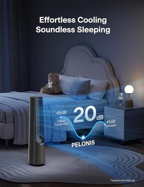 PELONIS 40" Bladeless Tower Fan with Powerful Airflow, Ultra-Quiet DC Motor (20 dB), 6 Speeds, 4 Modes, Remote Control, 7-Hour Timer, 90° Oscillation, Safe Design for Bedroom, Home