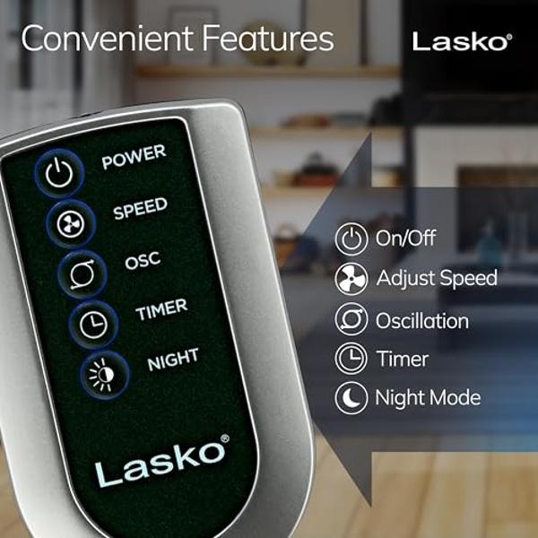 Lasko Oscillating Tower Fan with Remote, Quiet Floor Fans for Bedroom, 42", Silver T42951