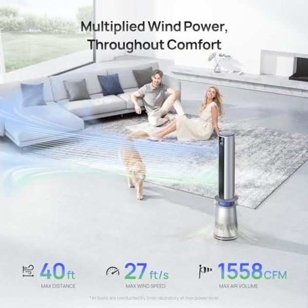 Dreo MC710S Air Purifier Tower Fan, 45" 2-in-1 Smart Fan for Bedroom, 27ft/s Velocity, 120°Oscillation, 24H Timer Bladeless Fans for Home, 25dB Low Noise, Standing Fan Works with A
