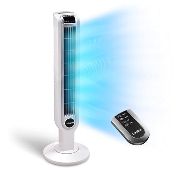 Lasko Portable 36" Oscillating 3-Speed Tower Fan with Remote Control and Timer for Bedroom and Home Office, White, 2510