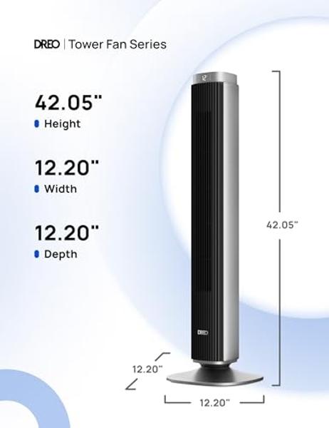 Dreo Tower Fan for Bedroom, Smart Bladeless Fan with 12 Speeds 4 Modes DC Motor, 28ft/s Velocity, 90° Oscillating, 12H Timer, 42" Floor Standing Fans for Home Living Room, 25dB Qui
