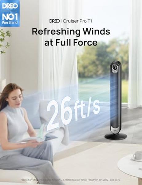 Dreo Tower Fan for Bedroom, 90° Oscillating Standing Fan, 30ft, 28dB Quiet for Sleep, 6 Speeds, 4 Modes, 12H Timer, 42 Inch, Bladeless, Remote, for Home, Office, Room, Cruiser Pro 