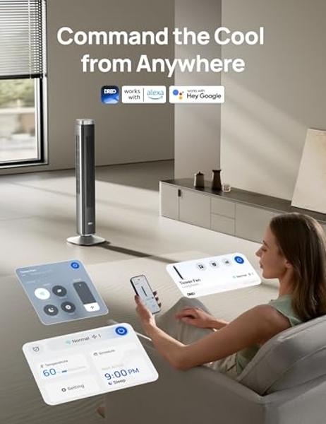 Dreo Tower Fan for Bedroom, Smart Bladeless Fan with 12 Speeds 4 Modes DC Motor, 28ft/s Velocity, 90° Oscillating, 12H Timer, 42" Floor Standing Fans for Home Living Room, 25dB Qui
