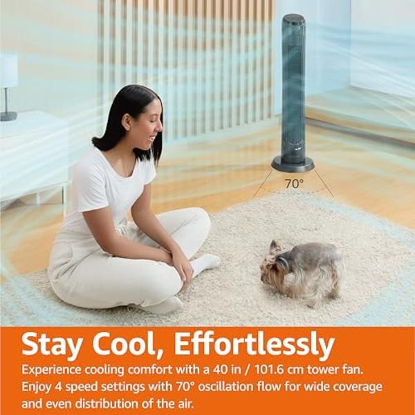 Amazon Basics 40" 70-Degree Oscillating Digital Tower Fan for Bedroom, Living Room, Office, With 4 Speeds, 3 Modes (Standard, Breeze, Nature), Timer Up to 15 Hours, Remote Control,