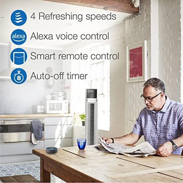 Dreo Tower Fan for Bedroom, 42 Inch 120° Oscillating Fan, 25dB Quiet DC Motor, 28ft/s Velocity Bladeless Standing Fan with 12 Speeds, 4 Modes, 12H Timer Cooling Fans for Home, Livi