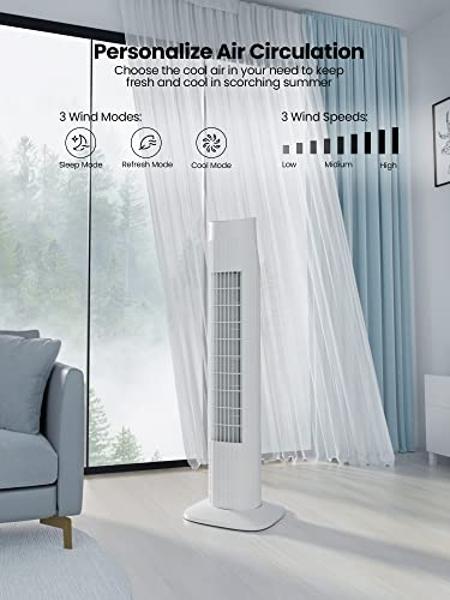Uthfy Oscillating Bladeless Tower Fan with Remote, Quiet Cooling Portable, Electric Standing Floor Fan with 3 Wind Speeds 3 Modes for Bedroom,Indoor,Office and Home Use, 30", White