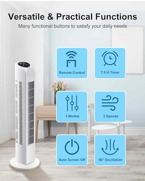 Uthfy Oscillating Bladeless Tower Fan with Remote, Quiet Cooling Portable, Electric Standing Floor Fan with 3 Wind Speeds 3 Modes for Bedroom,Indoor,Office and Home Use, 30", White