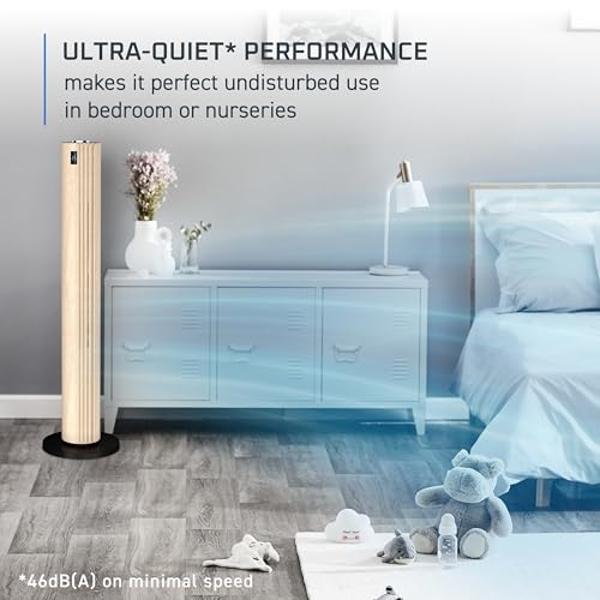 Rowenta, Tower Fan, Urban Cool Silent Tower Fan, Quiet Floor Fan for Bedroom with 3 Speeds, Oscillation, Remote Control, Timer, Black + Wood Effect, Indoor, VU6770