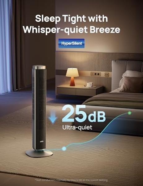 Dreo Tower Fan for Bedroom, Smart Bladeless Fan with 12 Speeds 4 Modes DC Motor, 28ft/s Velocity, 90° Oscillating, 12H Timer, 42" Floor Standing Fans for Home Living Room, 25dB Qui